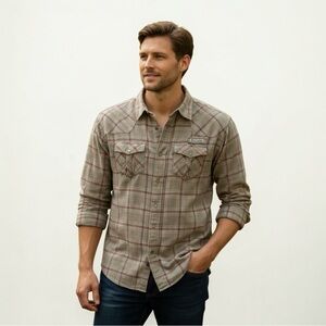 Columbia PFG Western Plaid Shirt XL Tall Brown Green Fishing Outdoor Button Down